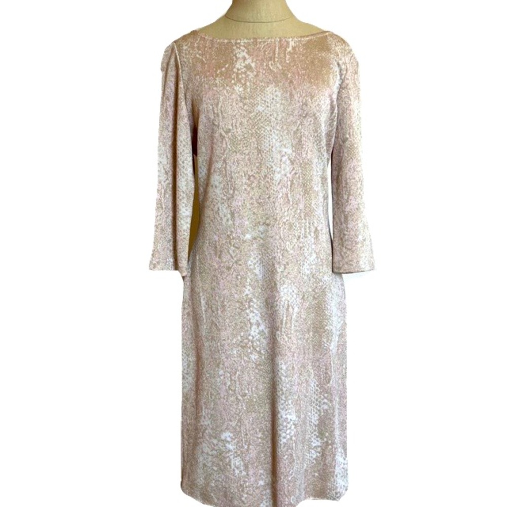 St John Rose Gold Snakeskin Knit Dress 3/4 Sleeve